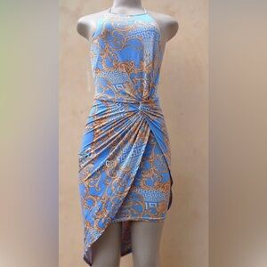 Halter Sleeveless Midi Blue & gold Barouque and Greek Key Prints Ruched size L